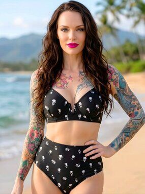 Killstar Skulls Bikini Set Halter Underwire Black White Gothic Swim Suit Sz XL
